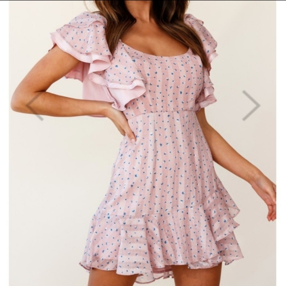 NWT Selfie Leslie Dress, Ruffle Sleeve Tie-back Backless Flare Mini Dress - Pink - Picture 2 of 9